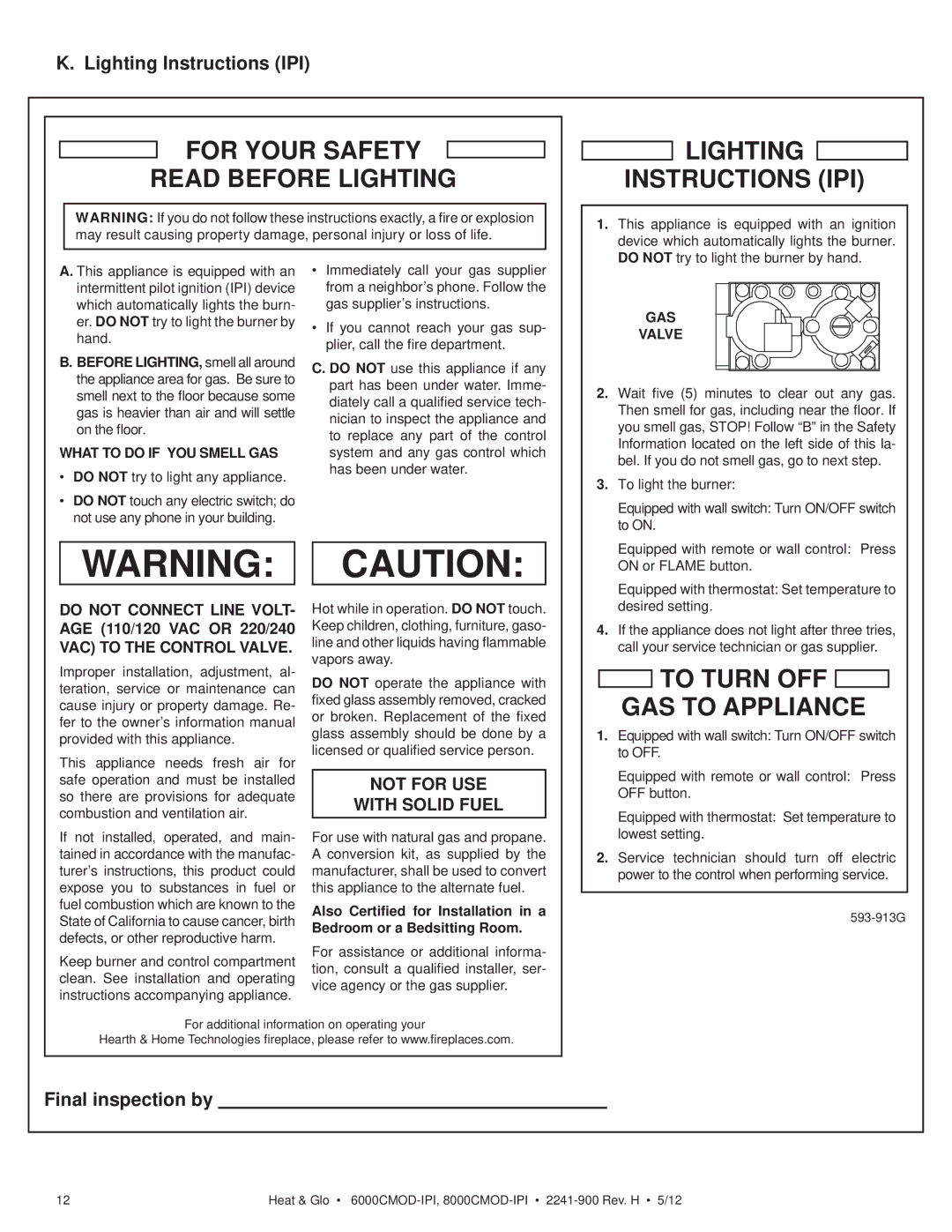 Heat & Glo LifeStyle 8000CMOD-IPI Lighting Instructions IPI, Final inspection by, What to do if YOU Smell GAS, GAS Valve 