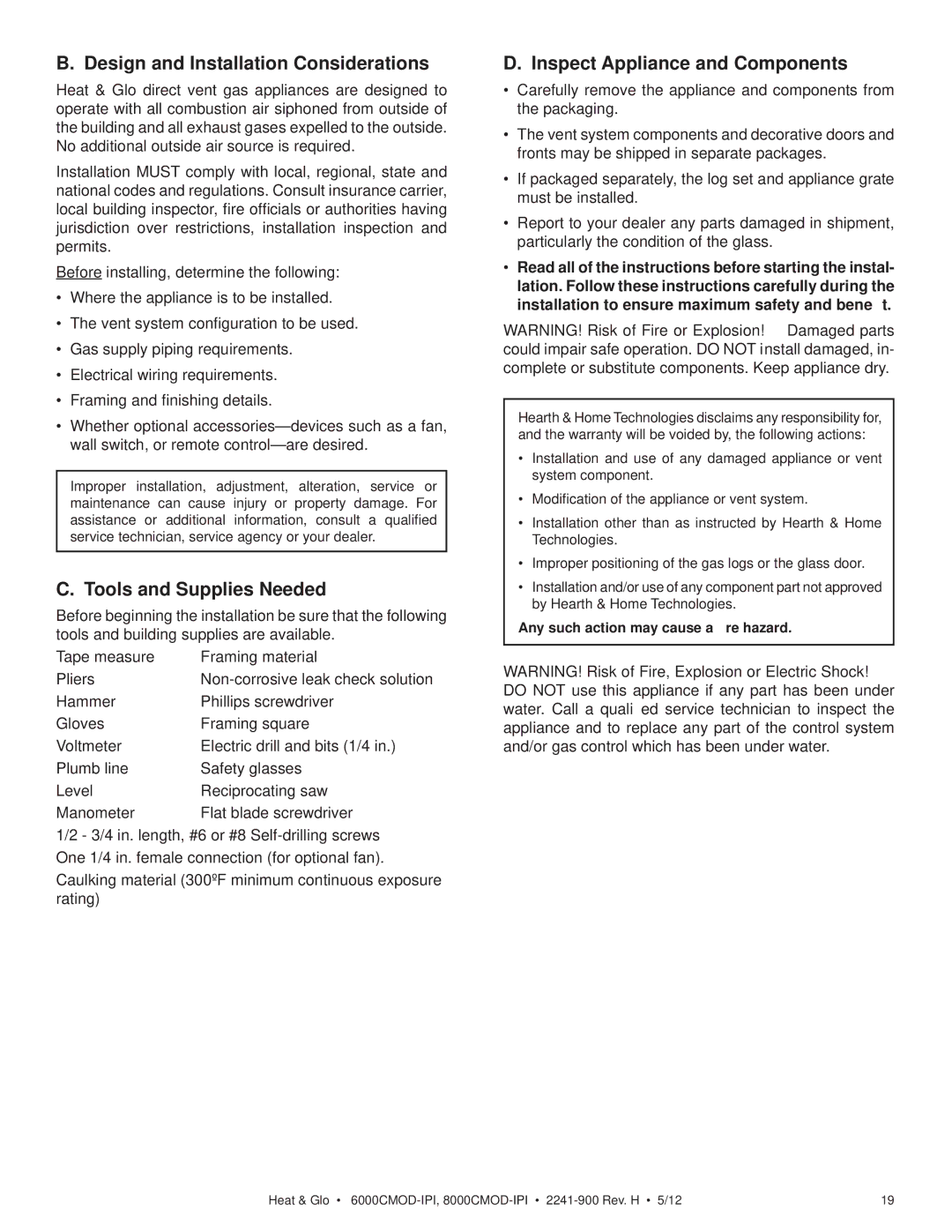 Heat & Glo LifeStyle 6000CMOD-IPI, 8000CMOD-IPI Design and Installation Considerations, Tools and Supplies Needed 