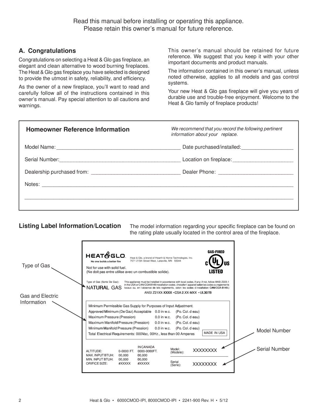 Heat & Glo LifeStyle 8000CMOD-IPI, 6000CMOD-IPI owner manual Congratulations, Homeowner Reference Information 