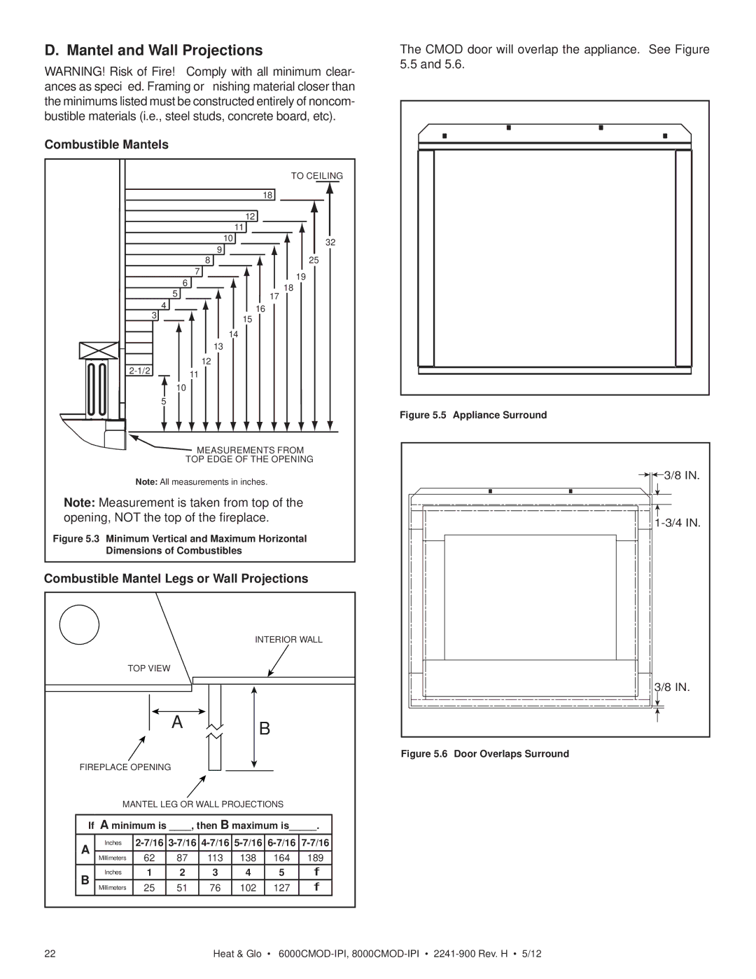 Heat & Glo LifeStyle 8000CMOD-IPI, 6000CMOD-IPI owner manual Mantel and Wall Projections, Combustible Mantels 