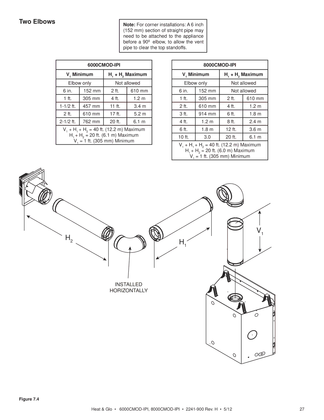 Heat & Glo LifeStyle 6000CMOD-IPI, 8000CMOD-IPI owner manual Two Elbows, V1 Minimum H1 + H2 Maximum 