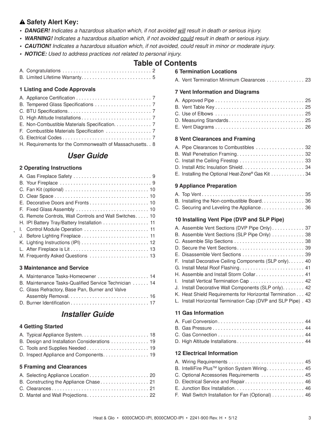 Heat & Glo LifeStyle 6000CMOD-IPI, 8000CMOD-IPI owner manual Table of Contents, User Guide 