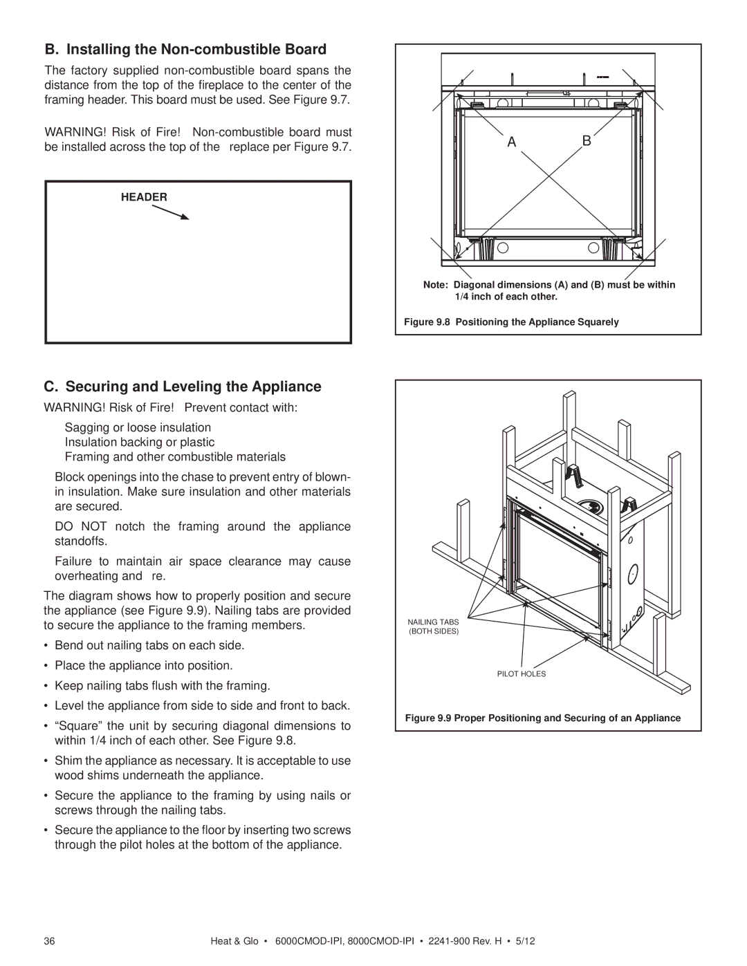 Heat & Glo LifeStyle 8000CMOD-IPI Installing the Non-combustible Board, Securing and Leveling the Appliance, Header 