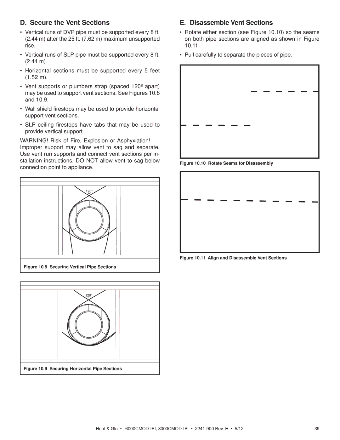 Heat & Glo LifeStyle 6000CMOD-IPI, 8000CMOD-IPI owner manual Secure the Vent Sections, Disassemble Vent Sections 