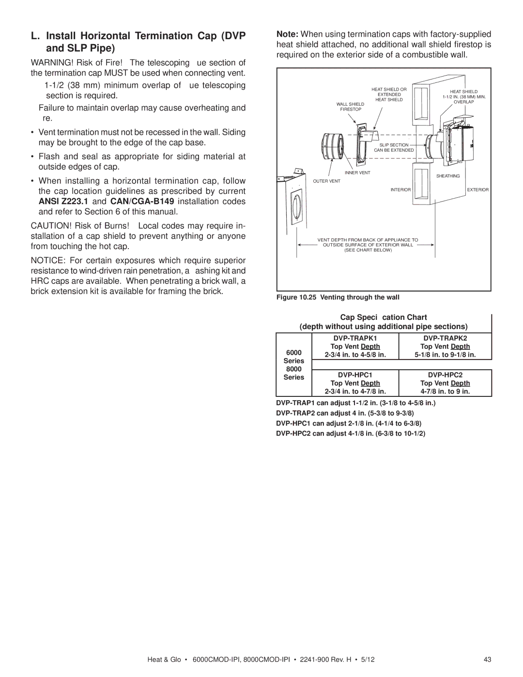 Heat & Glo LifeStyle 6000CMOD-IPI, 8000CMOD-IPI Install Horizontal Termination Cap DVP and SLP Pipe, DVP-HPC1 DVP-HPC2 