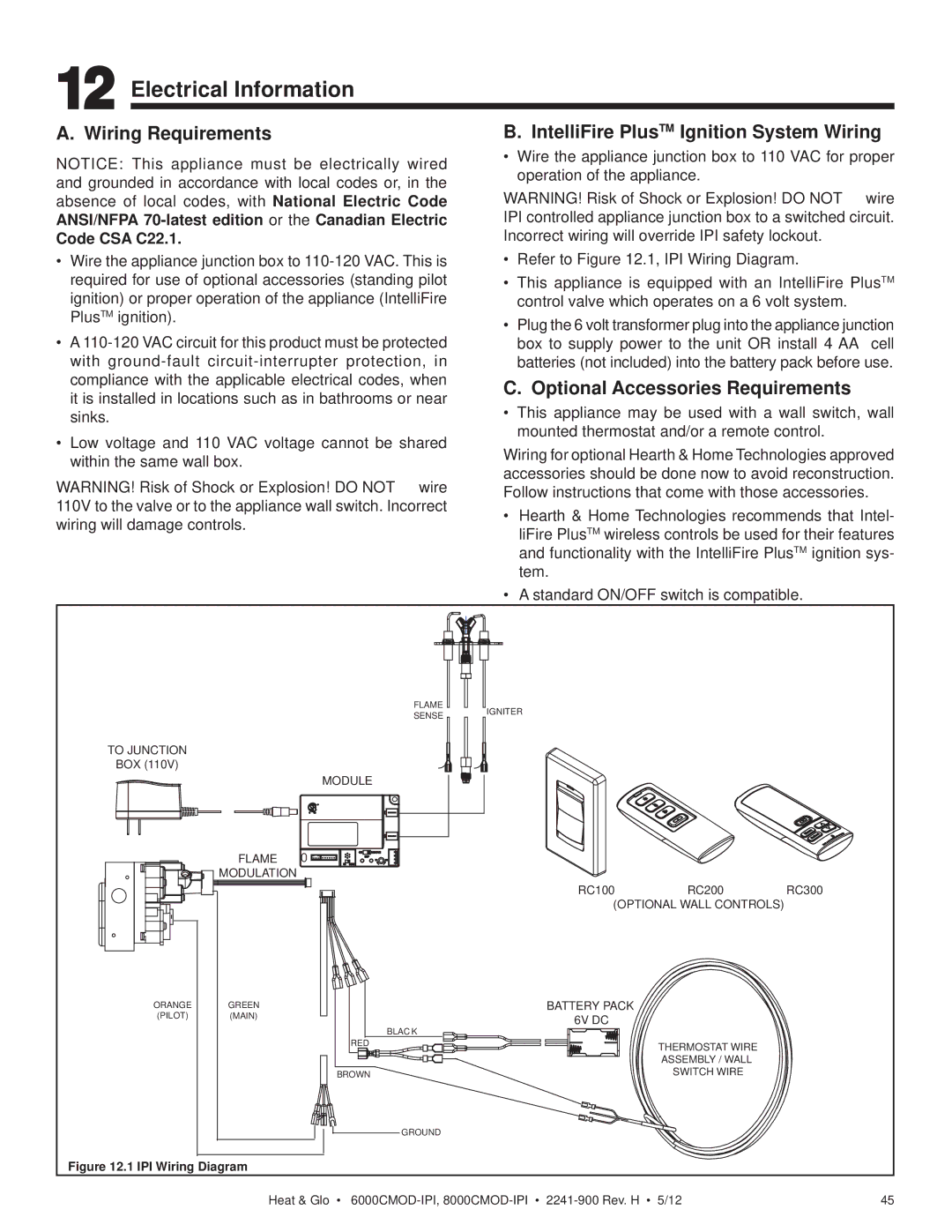 Heat & Glo LifeStyle 6000CMOD-IPI Electrical Information, Wiring Requirements, IntelliFire PlusTM Ignition System Wiring 