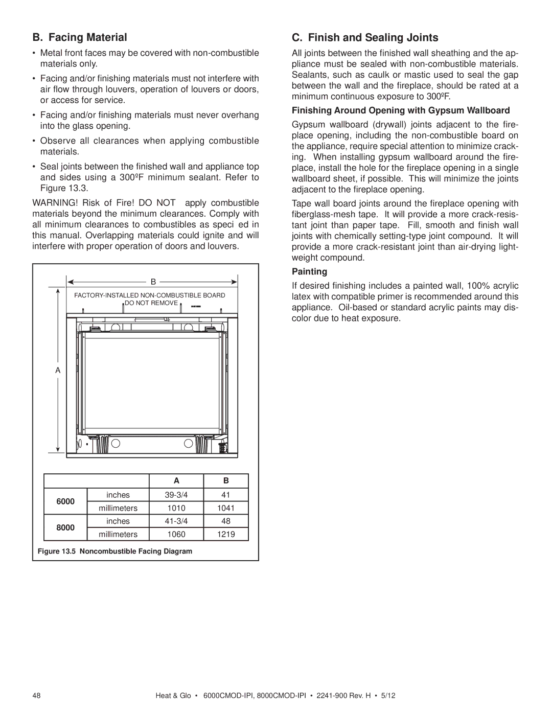 Heat & Glo LifeStyle 8000CMOD-IPI, 6000CMOD-IPI owner manual Facing Material, Finish and Sealing Joints, Painting 