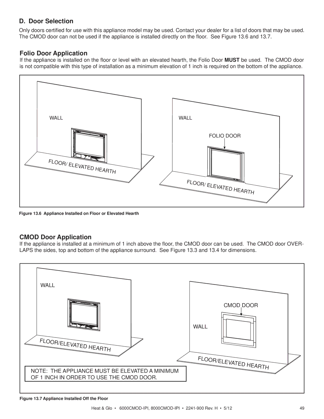 Heat & Glo LifeStyle 6000CMOD-IPI, 8000CMOD-IPI owner manual Door Selection, Folio Door Application, Cmod Door Application 