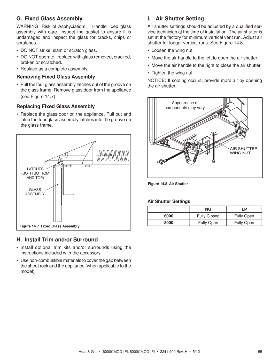 Heat & Glo LifeStyle 6000CMOD-IPI, 8000CMOD-IPI Install Trim and/or Surround, Air Shutter Settings, Fully Open 