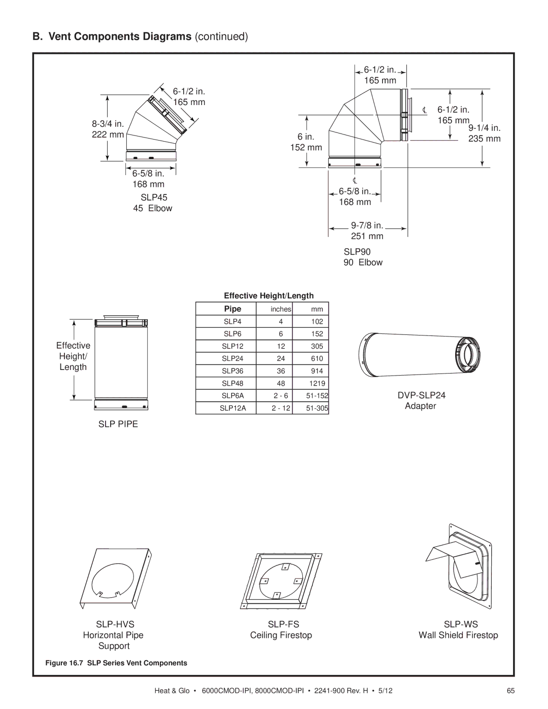 Heat & Glo LifeStyle 6000CMOD-IPI 222 mm 165 mm 165 mm9-1/4 235 mm 152 mm 168 mm, Elbow, 251 mm, Effective Height Length 