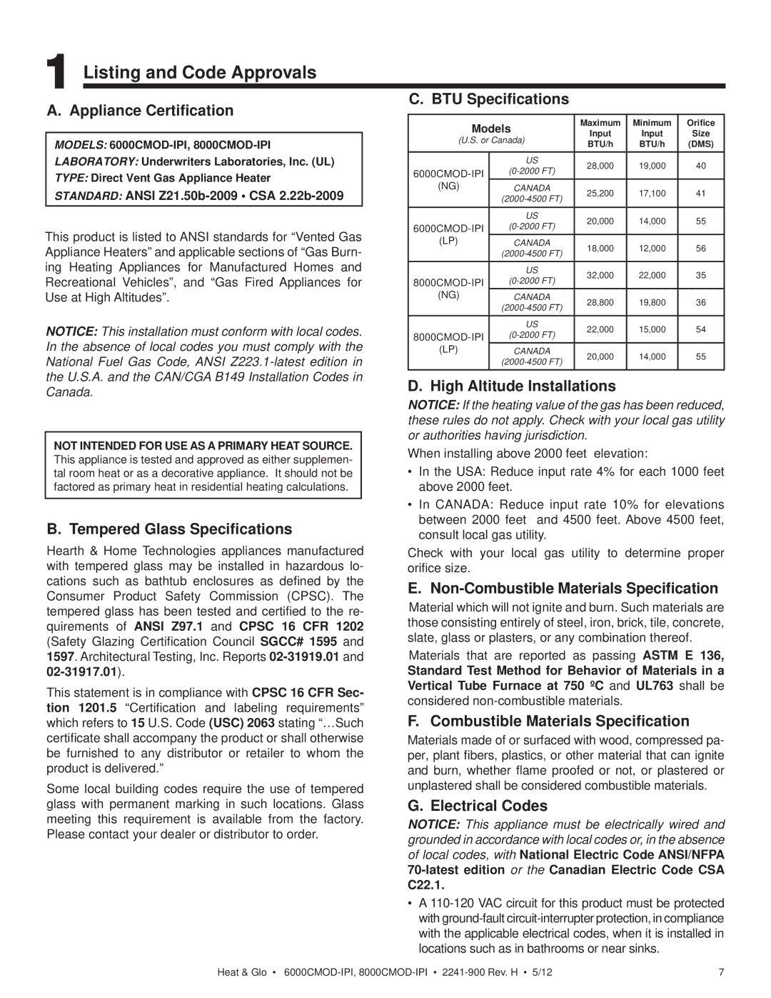 Heat & Glo LifeStyle 6000CMOD-IPI Listing and Code Approvals, Non-Combustible Materials Speciﬁcation, Electrical Codes 