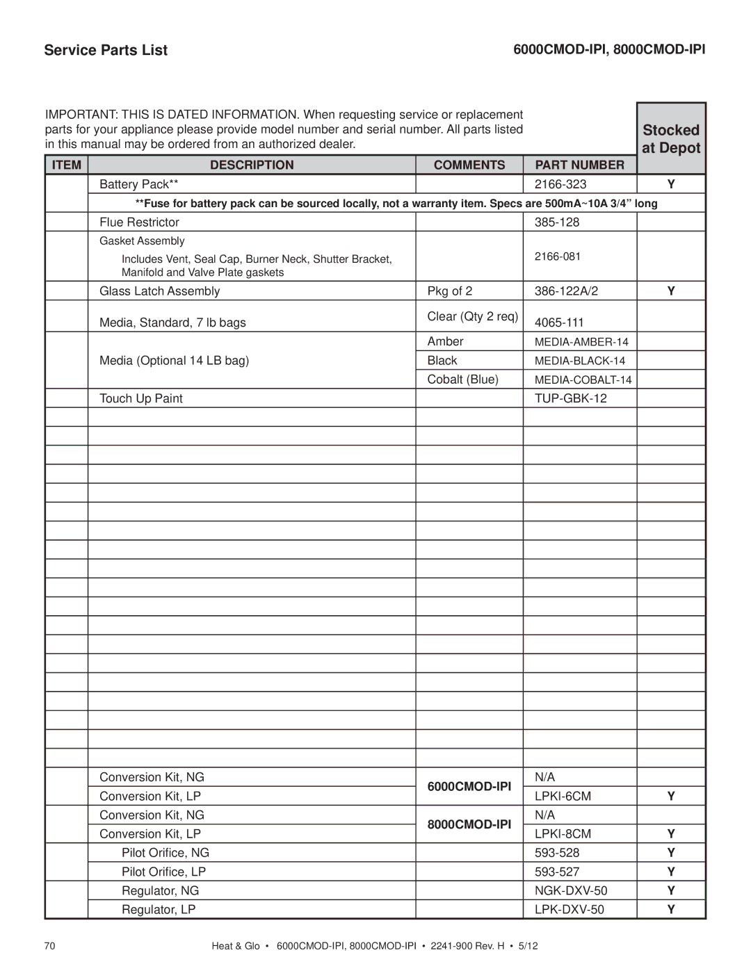 Heat & Glo LifeStyle 8000CMOD-IPI, 6000CMOD-IPI owner manual Service Parts List, Battery Pack 2166-323 