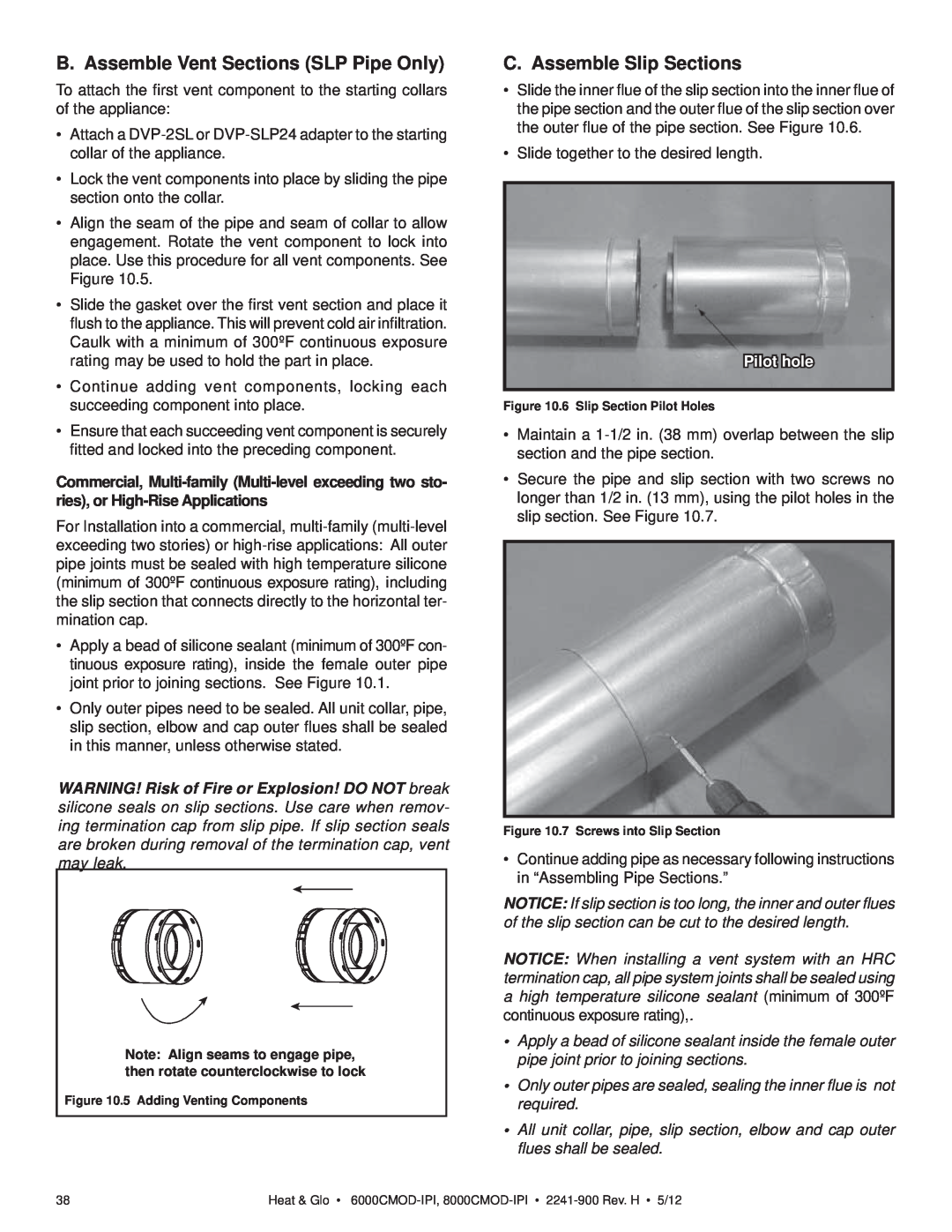 Heat & Glo LifeStyle 8000CMOD-IPI B. Assemble Vent Sections SLP Pipe Only, C. Assemble Slip Sections, Pilot hole 