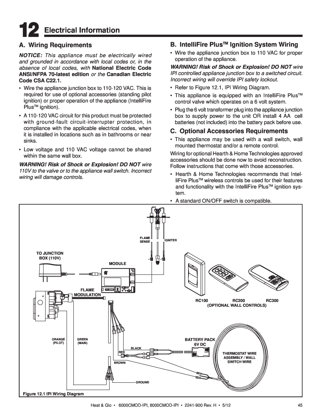 Heat & Glo LifeStyle 6000CMOD-IPI Electrical Information, A. Wiring Requirements, C. Optional Accessories Requirements 