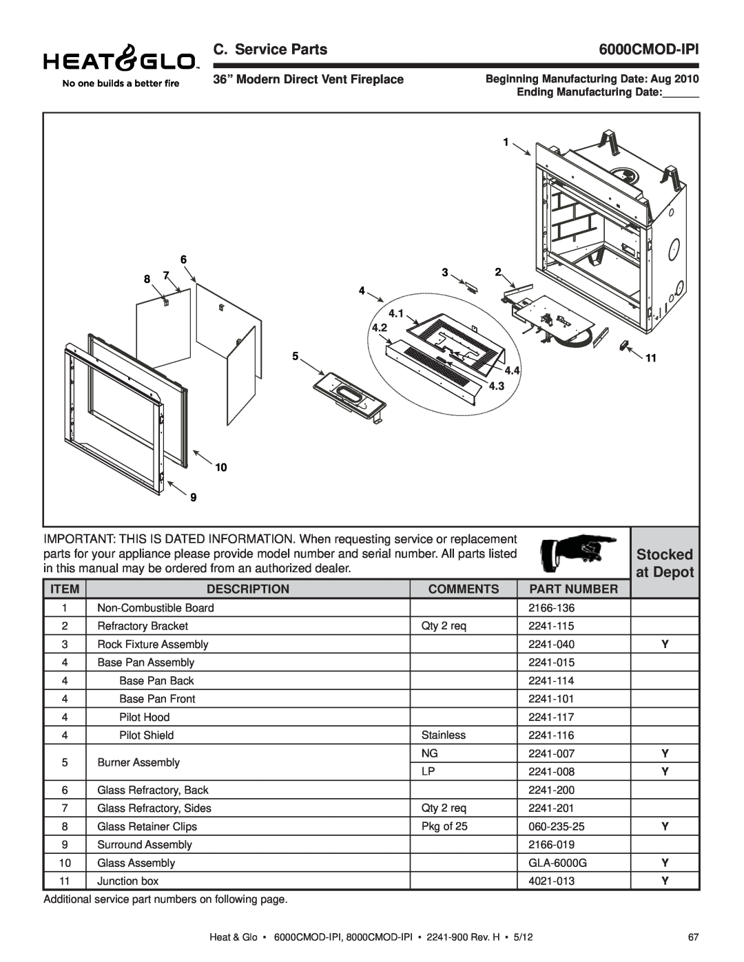 Heat & Glo LifeStyle 6000CMOD-IPI C. Service Parts, Stocked, at Depot, 36” Modern Direct Vent Fireplace, Item, Description 