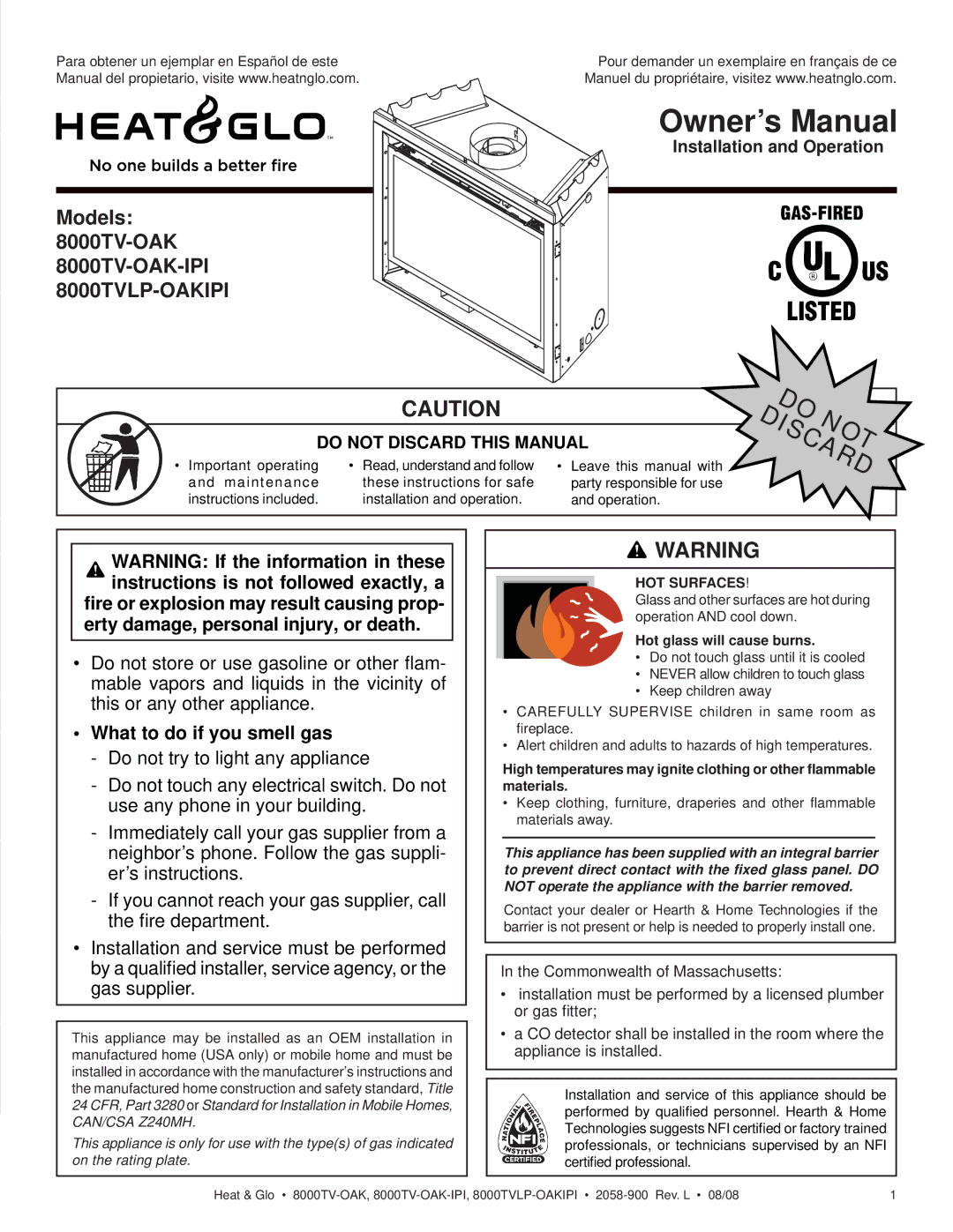 Heat & Glo LifeStyle owner manual Models 8000TV-OAK 8000TV-OAK-IPI 8000TVLP-OAKIPI 