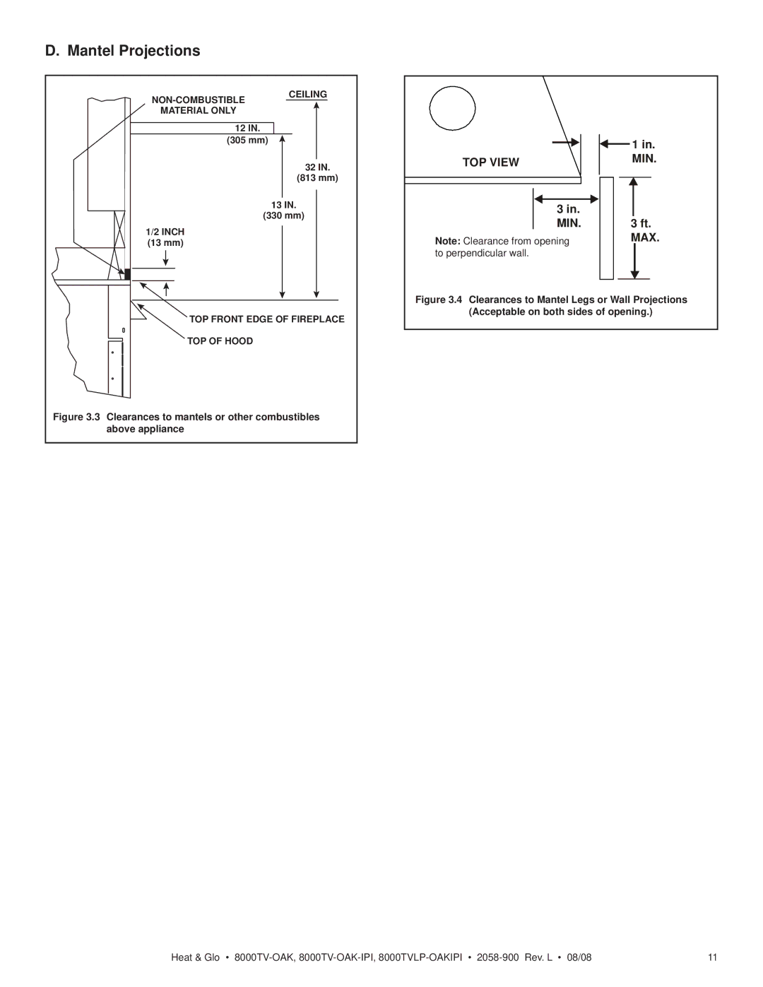 Heat & Glo LifeStyle 8000TVLP-OAKIPI Mantel Projections, Clearances to mantels or other combustibles above appliance 