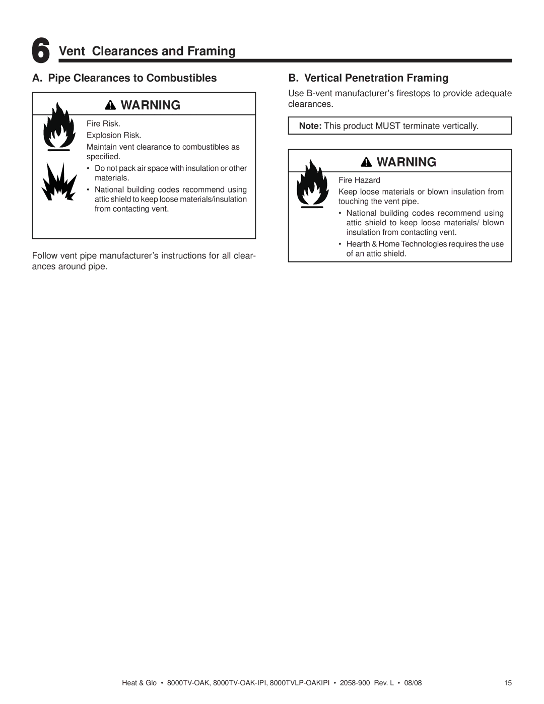 Heat & Glo LifeStyle 8000TV-OAK-IPI, 8000TVLP-OAKIPI Vent Clearances and Framing, Pipe Clearances to Combustibles 