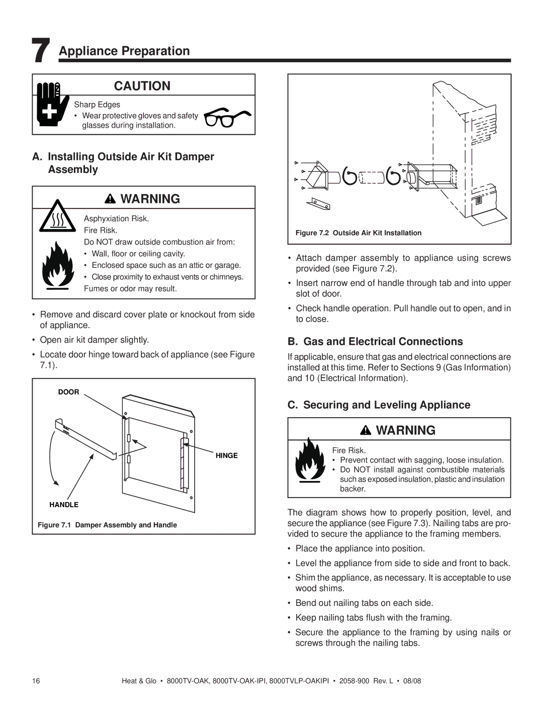 Heat & Glo LifeStyle 8000TV-OAK-IPI, 8000TVLP-OAKIPI Appliance Preparation, Installing Outside Air Kit Damper Assembly 