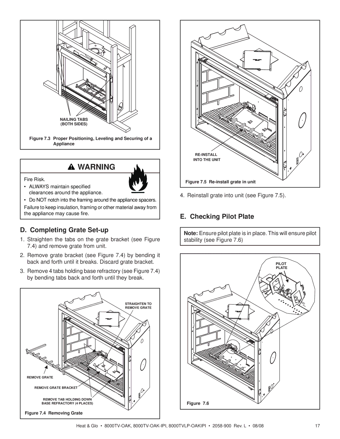 Heat & Glo LifeStyle 8000TVLP-OAKIPI, 8000TV-OAK-IPI owner manual Completing Grate Set-up, Checking Pilot Plate 