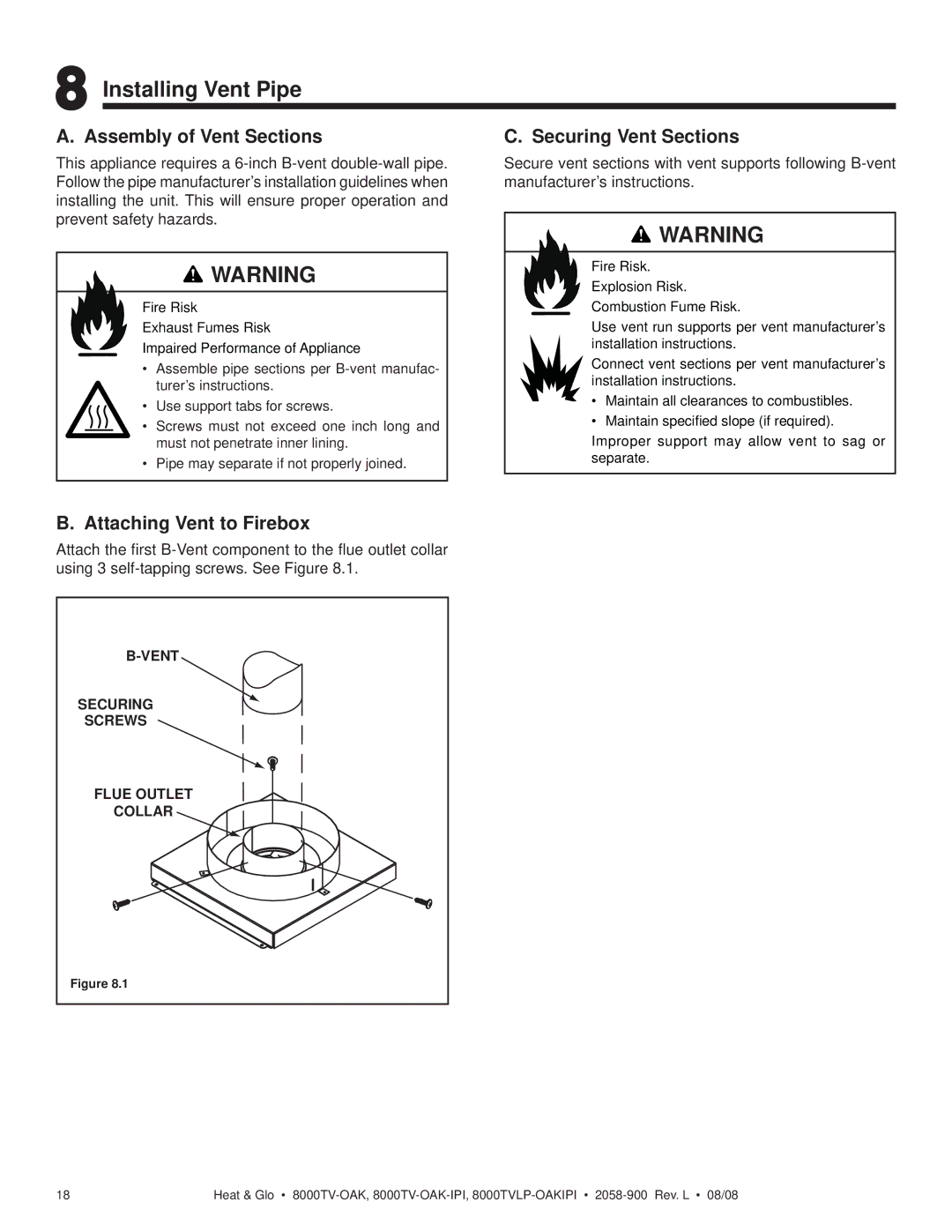 Heat & Glo LifeStyle 8000TV-OAK-IPI owner manual Installing Vent Pipe, Assembly of Vent Sections, Securing Vent Sections 