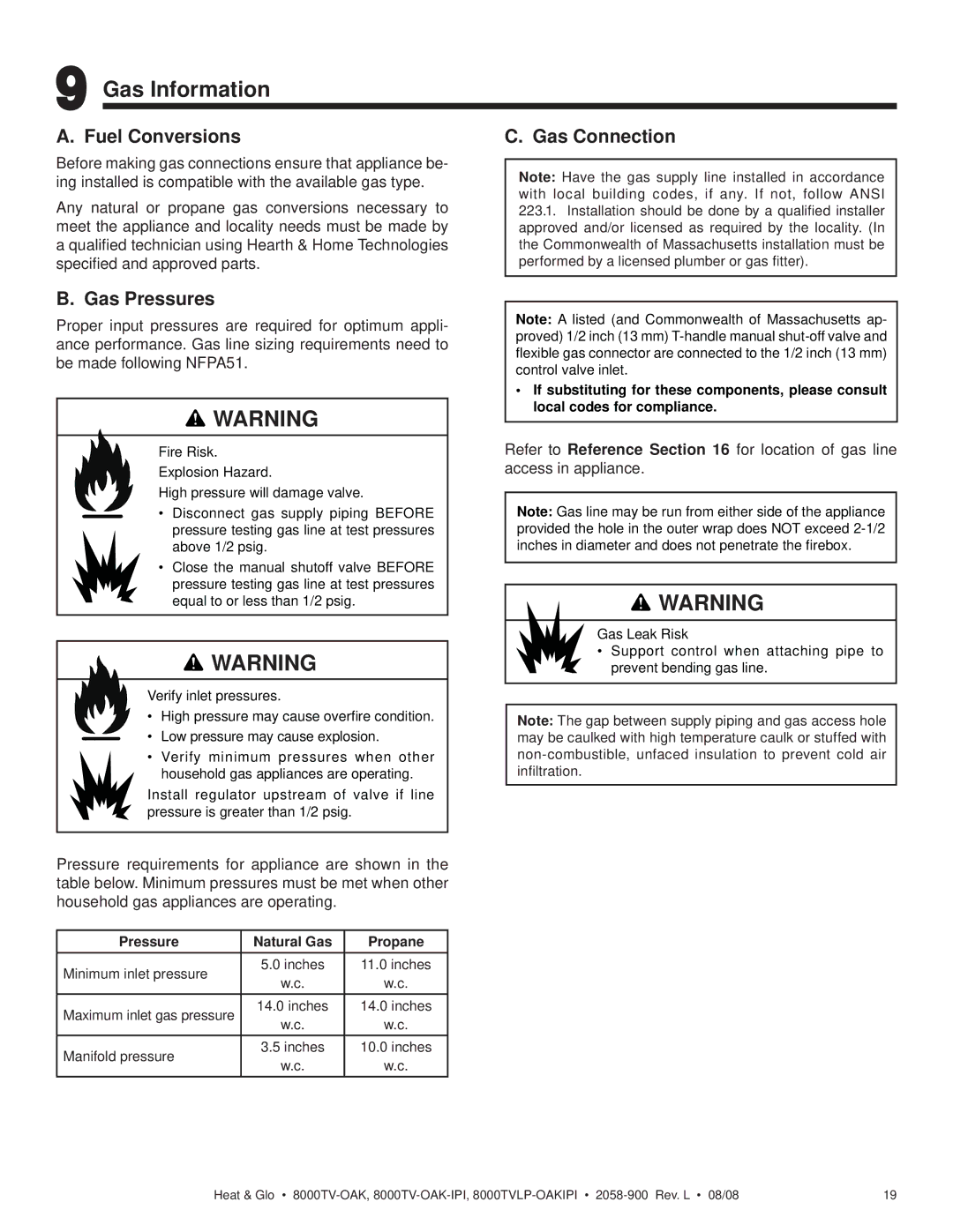 Heat & Glo LifeStyle 8000TV-OAK-IPI, 8000TVLP-OAKIPI Gas Information, Fuel Conversions Gas Connection, Gas Pressures 