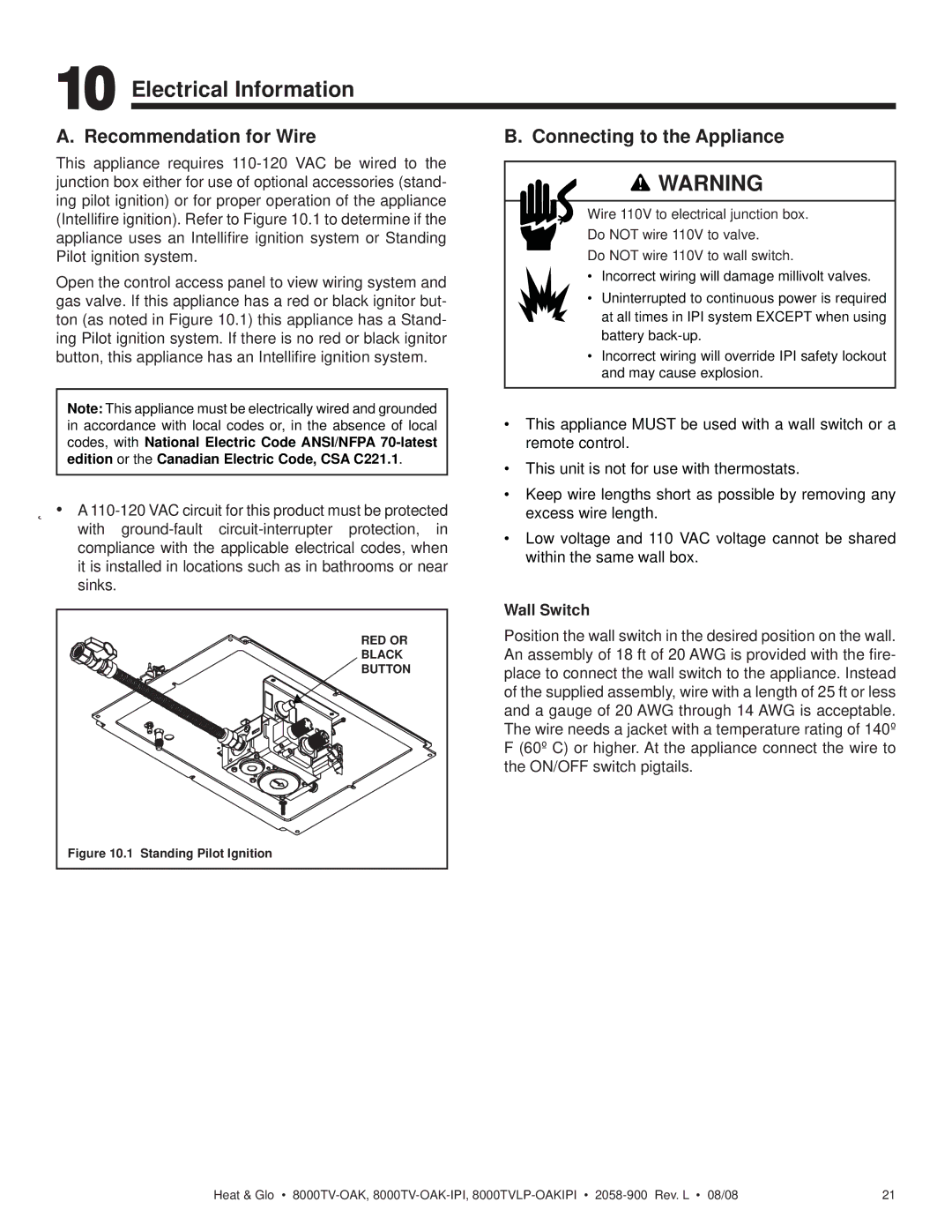 Heat & Glo LifeStyle 8000TV-OAK-IPI Electrical Information, Recommendation for Wire, Connecting to the Appliance 