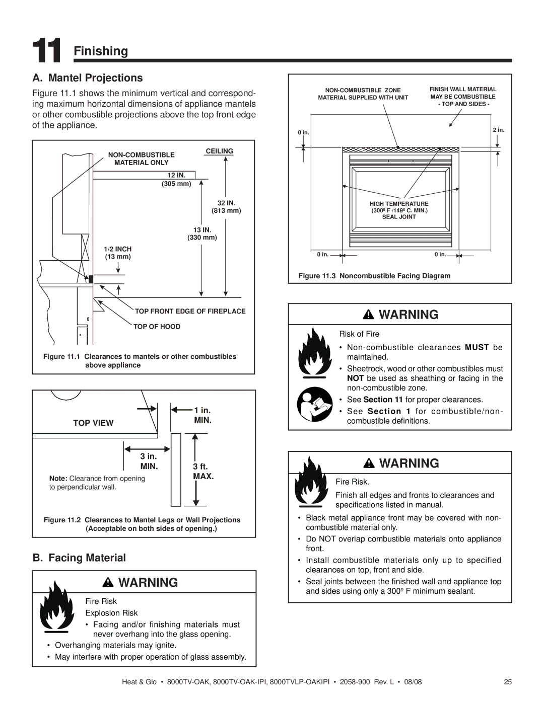 Heat & Glo LifeStyle 8000TV-OAK-IPI, 8000TVLP-OAKIPI owner manual Finishing, Facing Material 