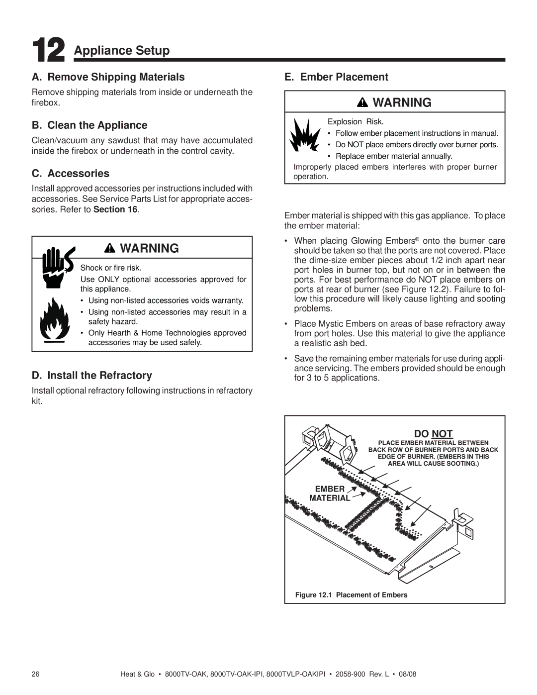 Heat & Glo LifeStyle 8000TVLP-OAKIPI, 8000TV-OAK-IPI owner manual Appliance Setup 