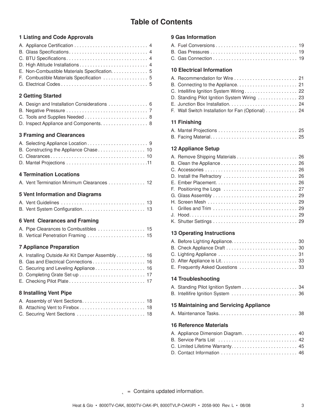 Heat & Glo LifeStyle 8000TV-OAK-IPI, 8000TVLP-OAKIPI owner manual Table of Contents 