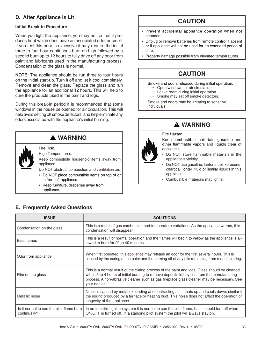 Heat & Glo LifeStyle 8000TV-OAK-IPI After Appliance is Lit, Frequently Asked Questions, Initial Break-in Procedure 