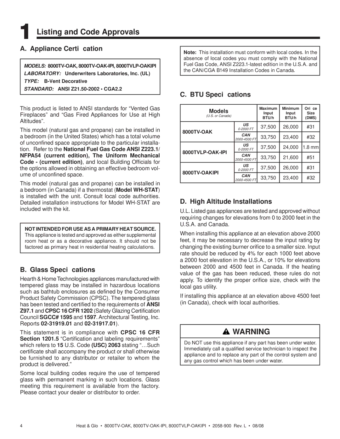 Heat & Glo LifeStyle 8000TV-OAK Listing and Code Approvals, Appliance Certiﬁcation, Glass Speciﬁcations, BTU Speciﬁcations 