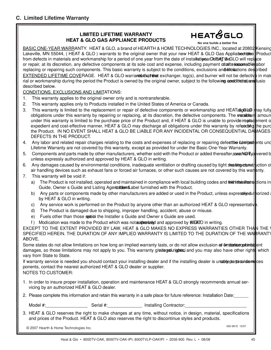 Heat & Glo LifeStyle 8000TV-OAK-IPI, 8000TVLP-OAKIPI Limited Lifetime Warranty Heat & GLO GAS Appliance Products 