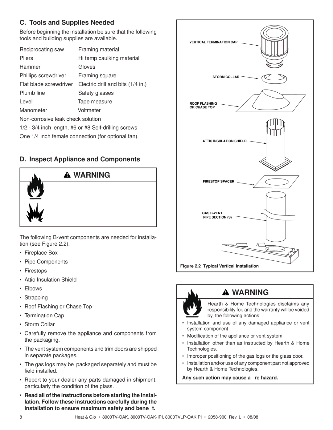 Heat & Glo LifeStyle 8000TVLP-OAKIPI, 8000TV-OAK-IPI Tools and Supplies Needed, Inspect Appliance and Components 