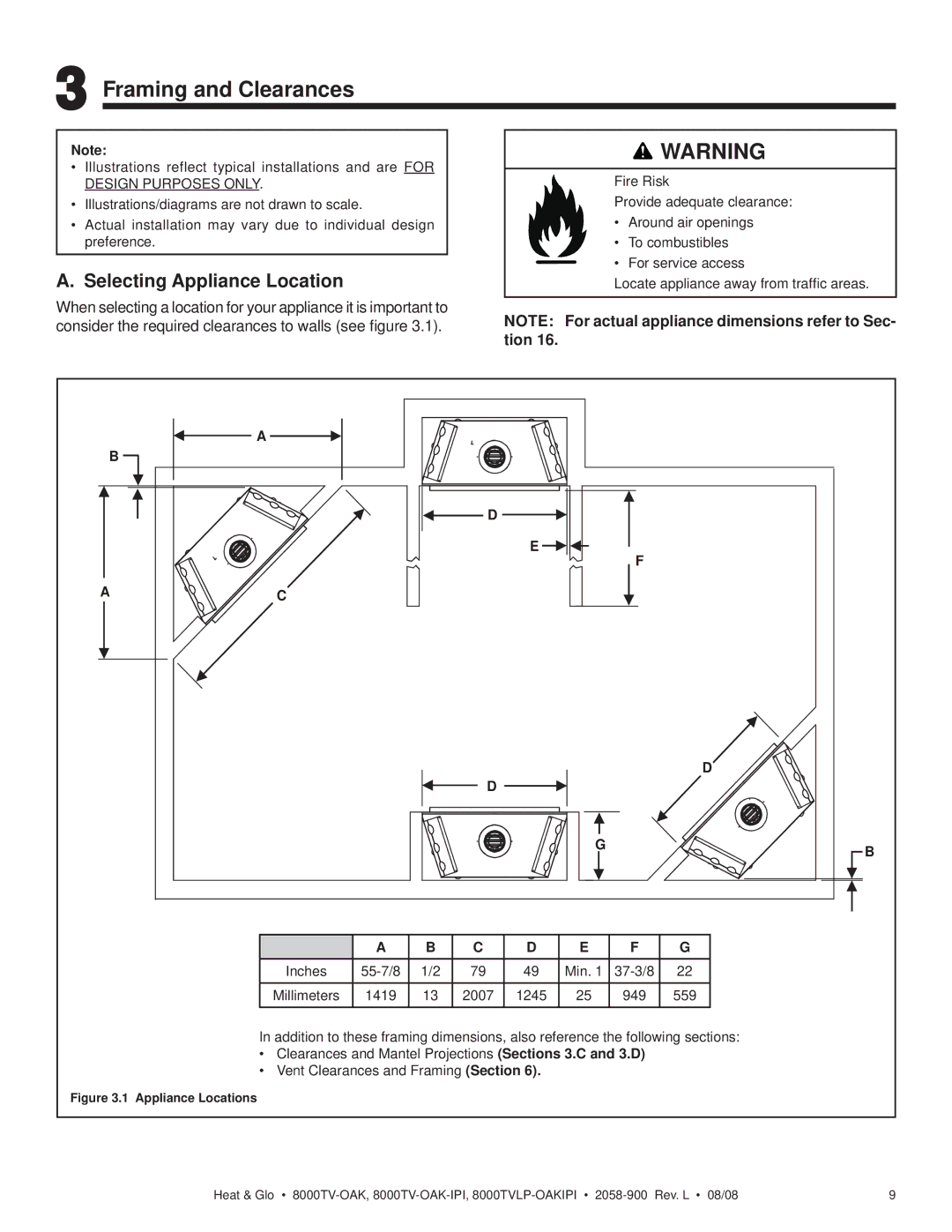 Heat & Glo LifeStyle 8000TV-OAK-IPI, 8000TVLP-OAKIPI owner manual Framing and Clearances, Selecting Appliance Location 