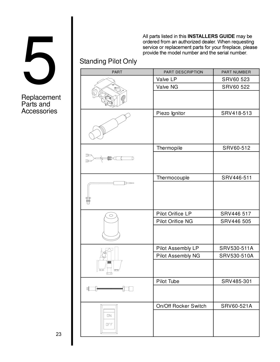 Heat & Glo LifeStyle 8000TVC manual Replacement Parts Accessories, Standing Pilot Only 