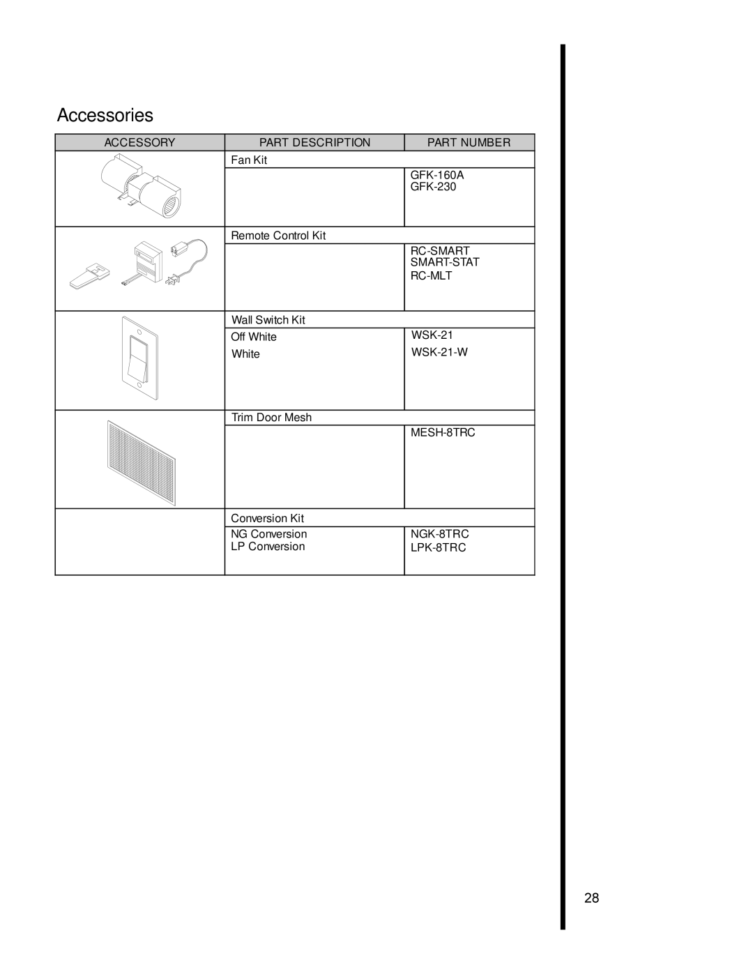 Heat & Glo LifeStyle 8000TVC manual Accessory Part Description Part Number 