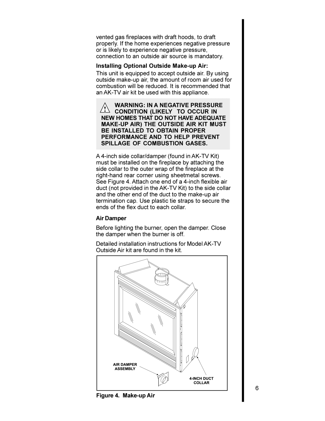 Heat & Glo LifeStyle 8000TVC manual Installing Optional Outside Make-up Air, Air Damper 