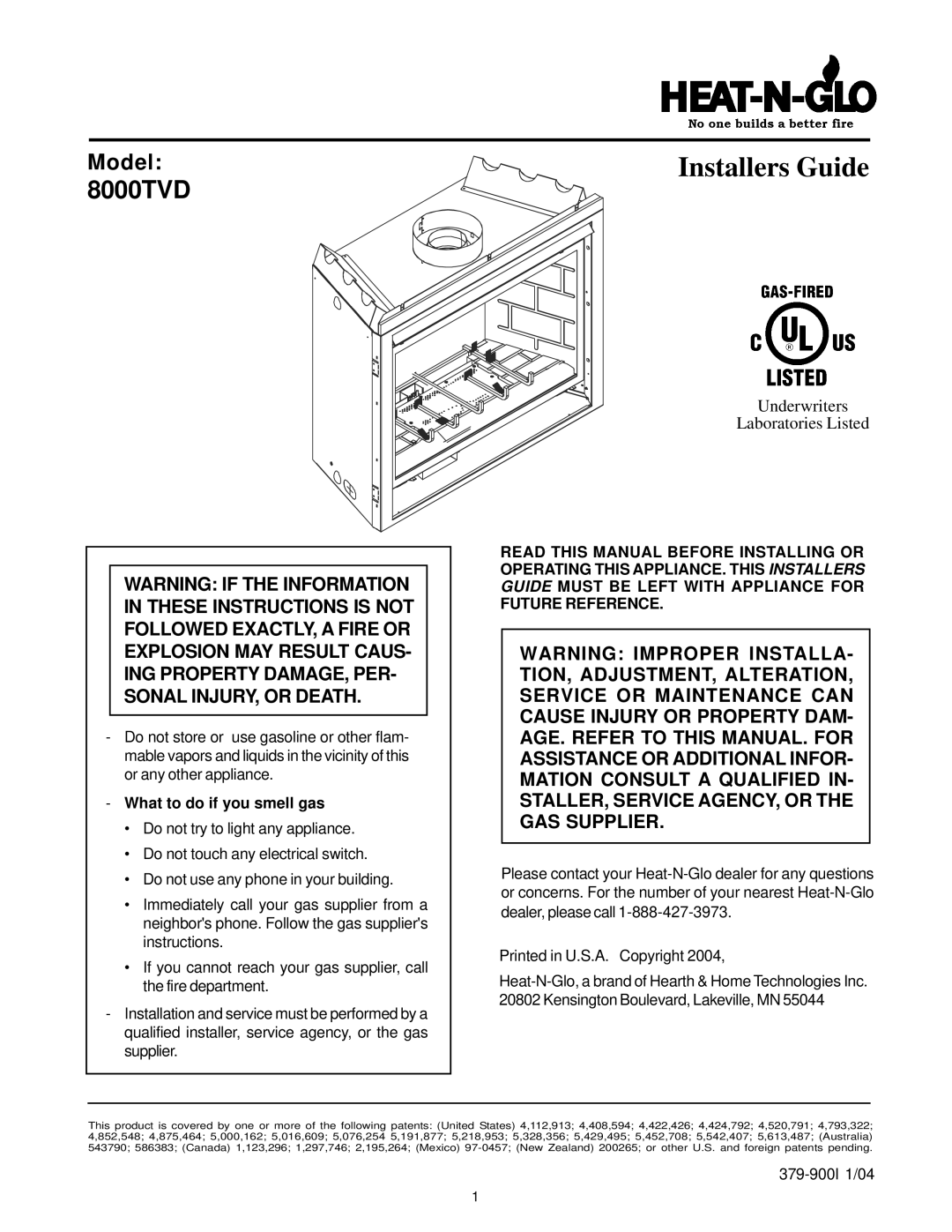 Heat & Glo LifeStyle 8000TVD manual Installers Guide, What to do if you smell gas 