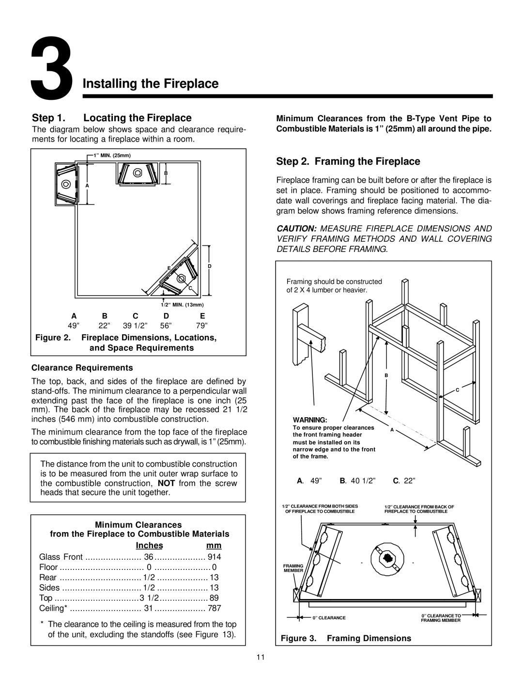 Heat & Glo LifeStyle 8000TVD manual 3Installing the Fireplace, Locating the Fireplace, Framing the Fireplace 