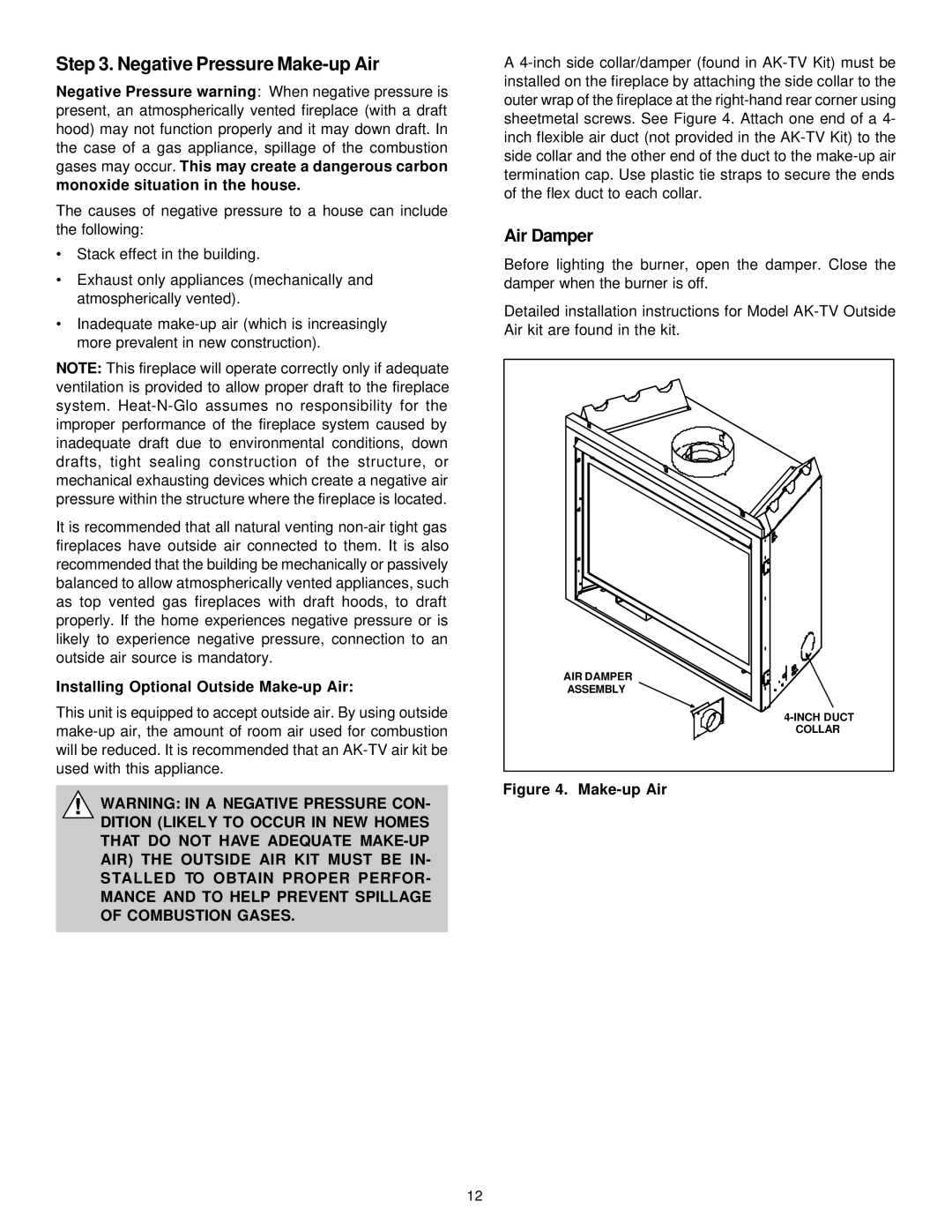 Heat & Glo LifeStyle 8000TVD manual Negative Pressure Make-up Air, Air Damper, Installing Optional Outside Make-up Air 