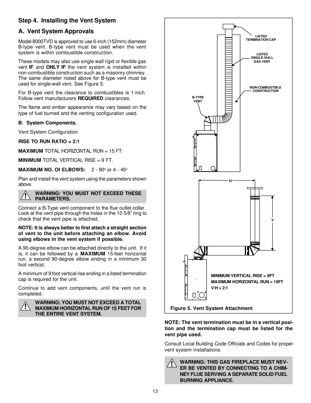 Heat & Glo LifeStyle 8000TVD Installing the Vent System Vent System Approvals, System Components, Rise to RUN Ratio = 