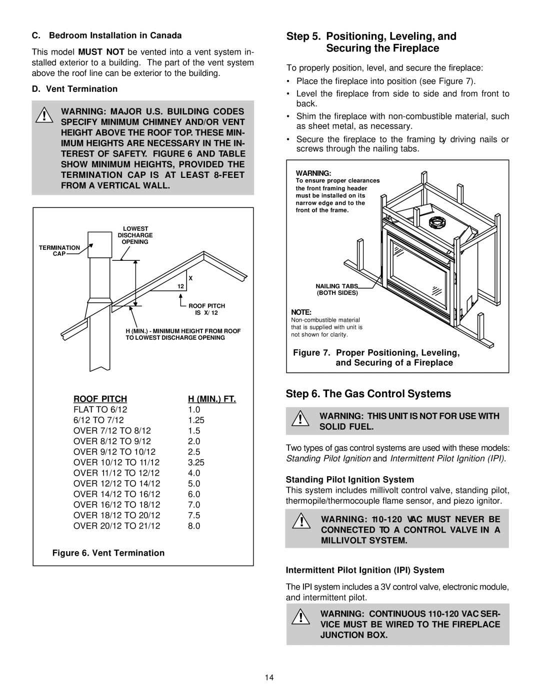 Heat & Glo LifeStyle 8000TVD manual Positioning, Leveling, and Securing the Fireplace, Gas Control Systems, Roof Pitch 