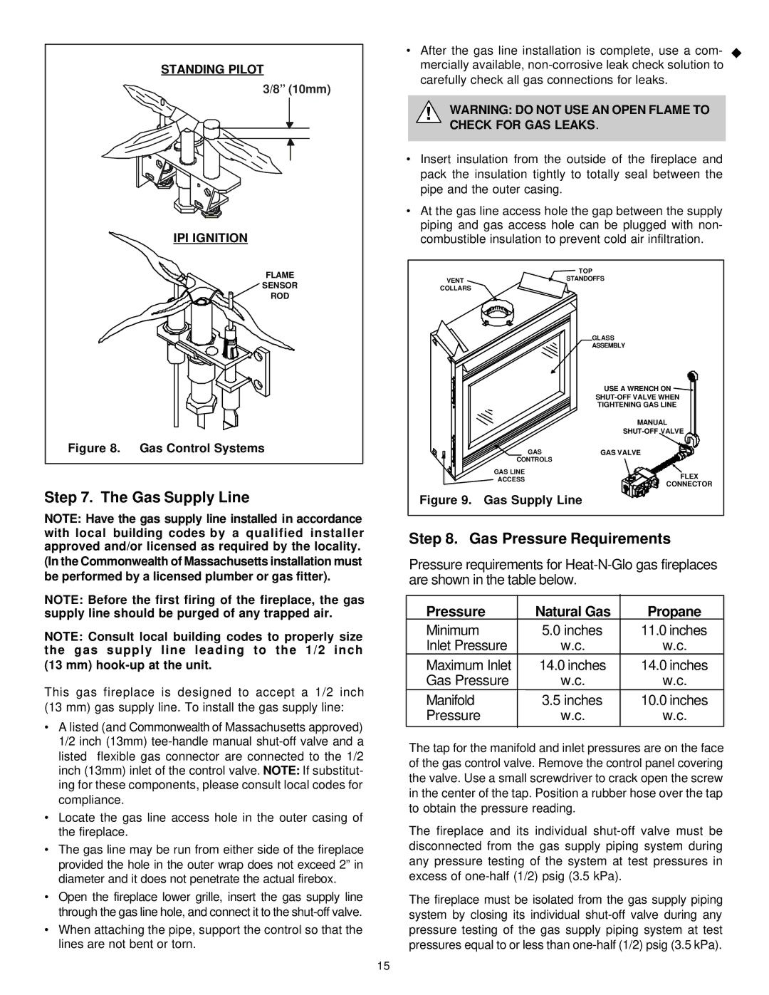 Heat & Glo LifeStyle 8000TVD Gas Supply Line, Gas Pressure Requirements, Pressure Natural Gas Propane, Standing Pilot 