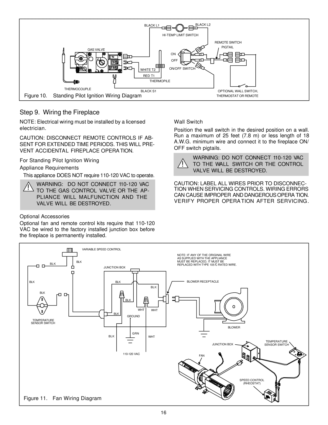 Heat & Glo LifeStyle 8000TVD Wiring the Fireplace, For Standing Pilot Ignition Wiring Appliance Requirements, Wall Switch 