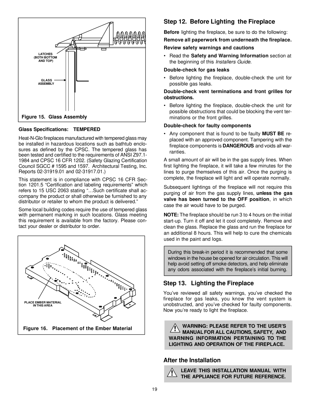 Heat & Glo LifeStyle 8000TVD Before Lighting the Fireplace, After the Installation, Double-check for faulty components 