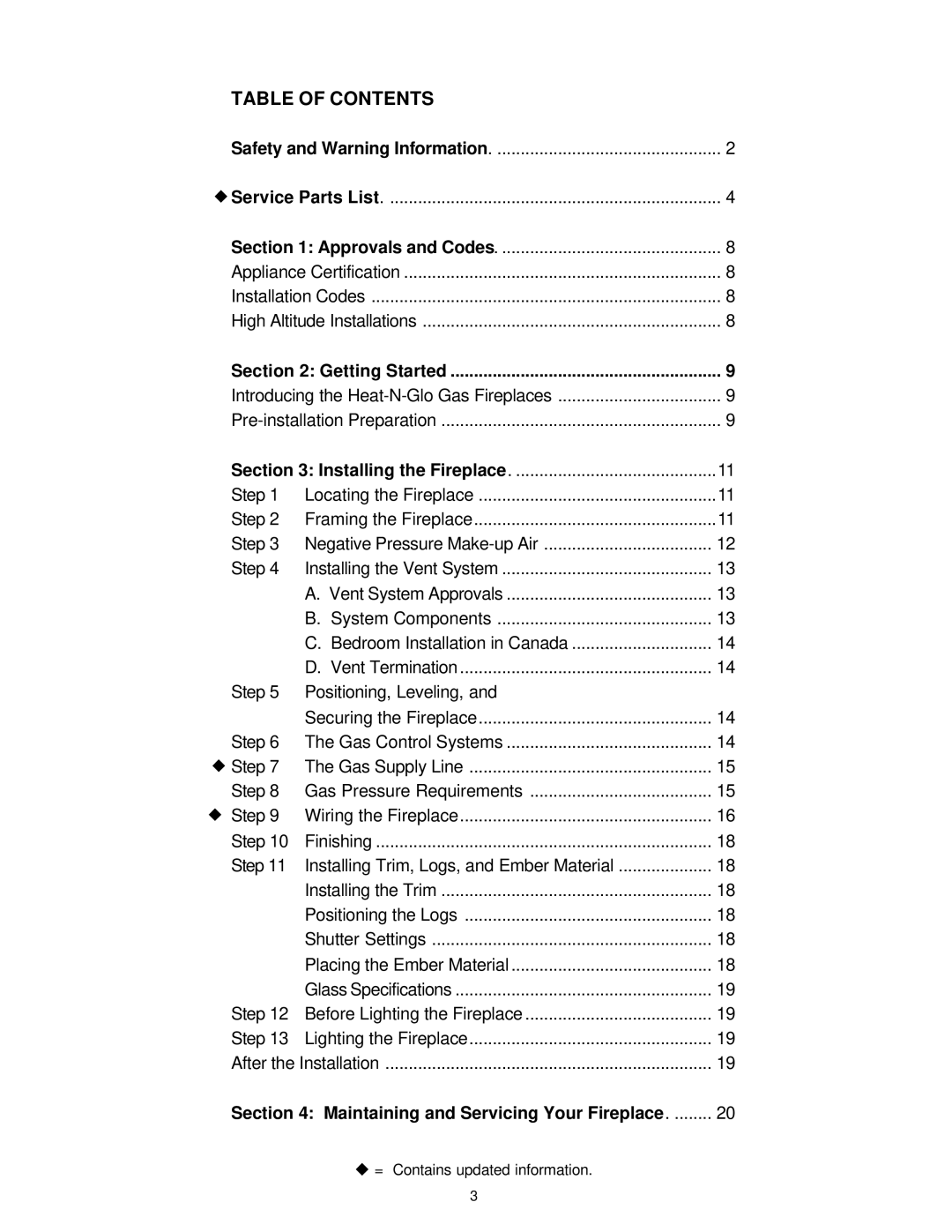 Heat & Glo LifeStyle 8000TVD manual Table of Contents 