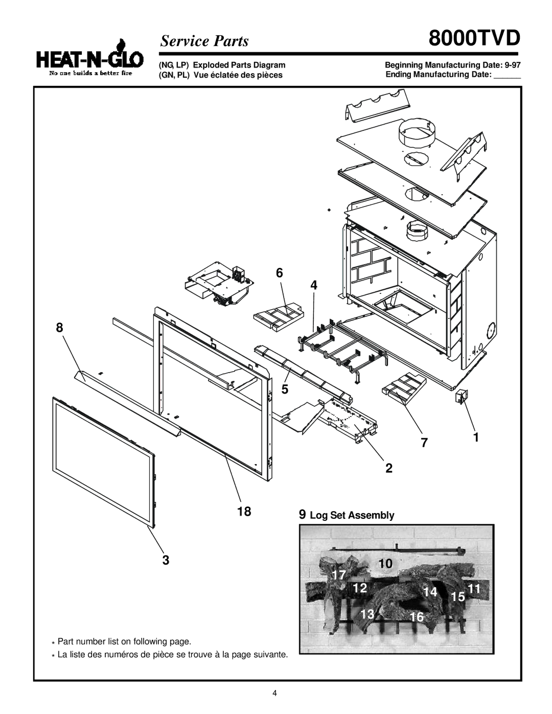 Heat & Glo LifeStyle 8000TVD manual Service Parts, Log Set Assembly 