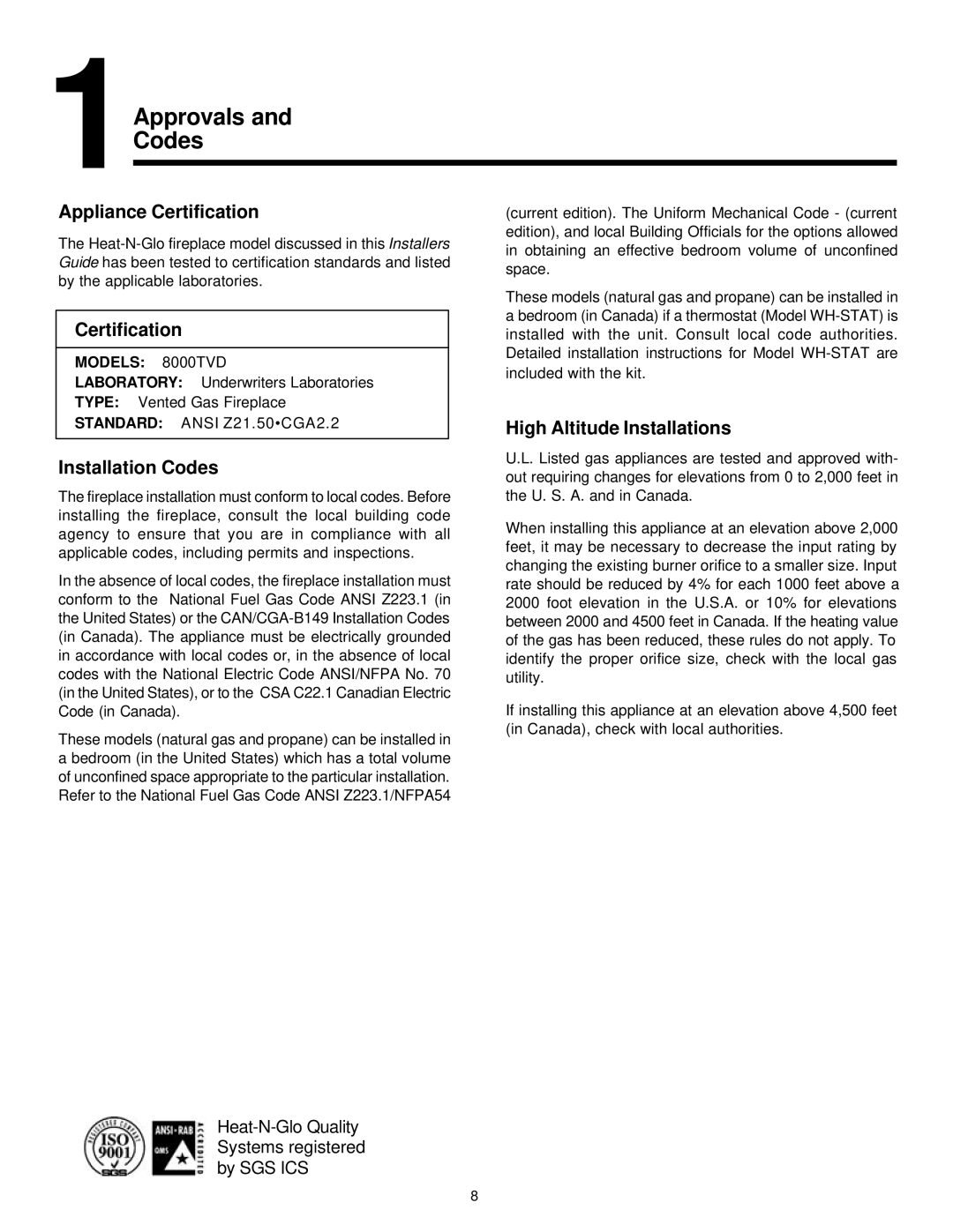 Heat & Glo LifeStyle 8000TVD 1Approvals Codes, Appliance Certification, Installation Codes, High Altitude Installations 