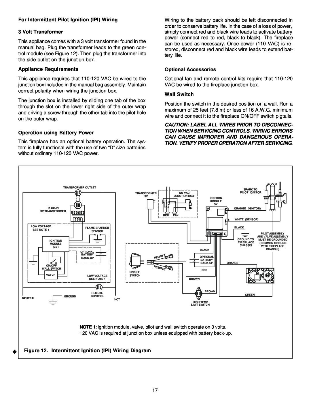Heat & Glo LifeStyle 8000TVD manual For Intermittent Pilot Ignition IPI Wiring, Volt Transformer, Appliance Requirements 